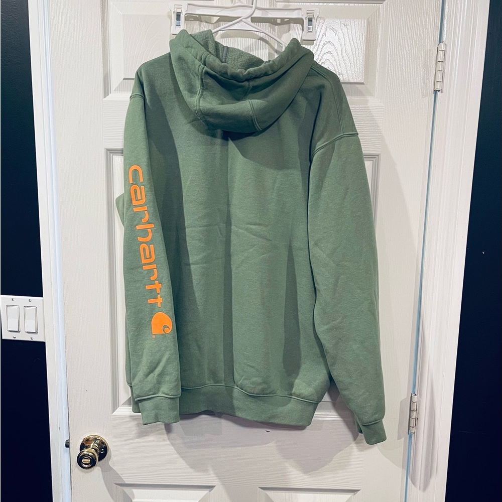 Carhartt Hooded Sweatshirt | Green /w Orange Logo | Durable Workwear - Picture 3 of 7